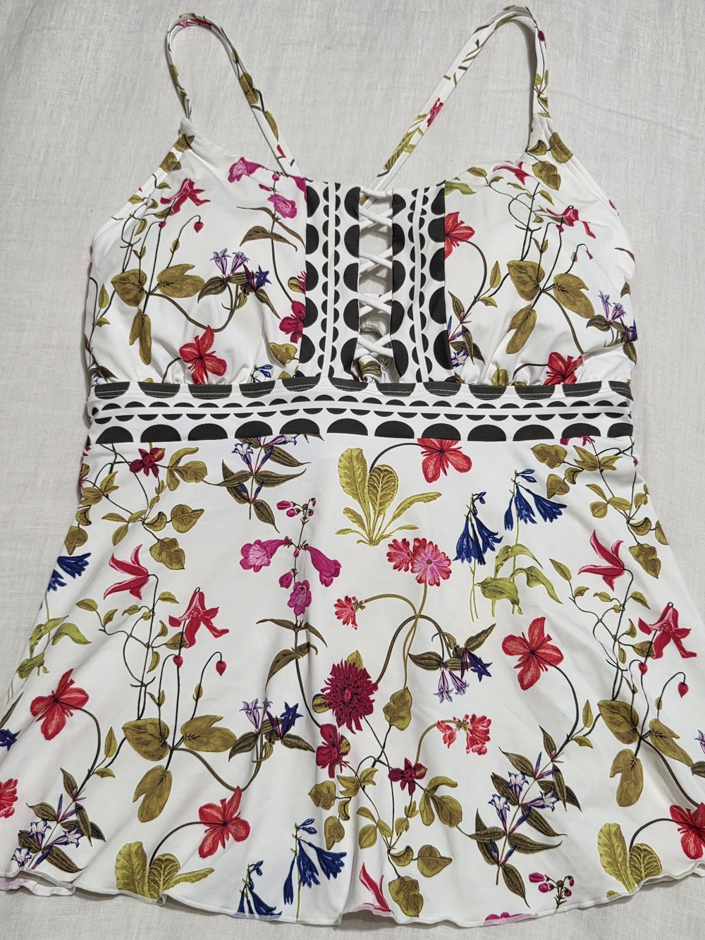 Lands' End Lace Up Flutter Tankini Swim Top - White Multi Garden Floral